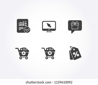 Set of Wish list, Add products and Internet icons. Checked calculation, Remove purchase and Discount tags signs. Present box, Shopping cart, Monitor with cursor. Vector
