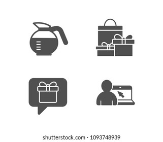 Set of Wish list, Shopping and Coffeepot icons. Online education sign. Present box, Holiday packages, Brewed coffee. Internet lectures.  Quality design elements. Classic style. Vector