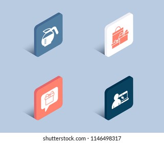 Set of Wish list, Shopping and Coffeepot icons. Online education sign. Present box, Holiday packages, Brewed coffee. Internet lectures.  3d isometric buttons. Flat design concept. Vector