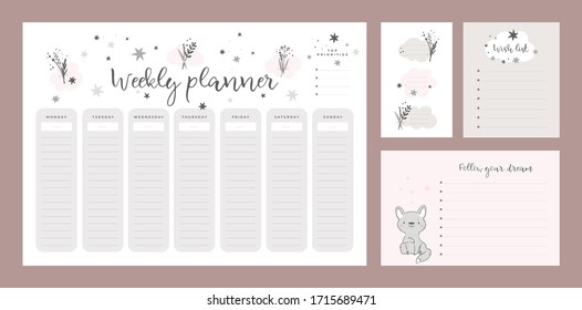 Set of wish list template, sticker book, weekly planner page with flowers, animal in cartoon style. Stationery digital print. Pastel colors. Flat lay, organizer mock up. Vector illustration