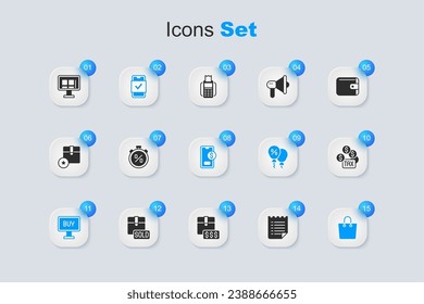 Set Wish list template, Stopwatch percent discount, Mobile shopping, Buy button, Paper bag, Tax payment, Online screen and with dollar icon. Vector