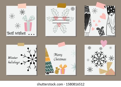 Set wish tag christmas invitation cute nordic gnomes, snowflakes, gifts .Cover december design with scandinavian elements.