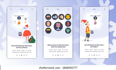 Set wit App Screens About Safe Christmas Holidays Delivery. Santa Claus Using the Drones for Gifts Delivery. Elf Helping to Deliver Presents with Drone. Christams Dinner Dishes Delivery by Mobile App.