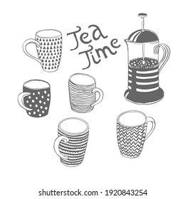 Set wit cups and teapot. Isolated on white background. Quote teatime. Vector illustration. Poster, print, card, sticker design. English tradition, five o'clock. Mugs with simple ornament. Cafe menu.
