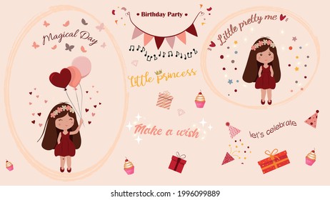 Set wit Happy birthday girl in the red dress, colorful balloons, heart shapes, lights, confetti, cupcakes,gifts. Great for party invitation card, wallpaper, background, postcard, template