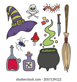 Set of witch accessories for the holiday Halloween. Hat, cauldron, flying broom, poison bottles, bones and insects. Hand drawn flat vector illustration. Graphic linear sketch. Isolated design element.