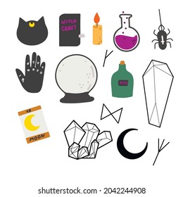 Set of witch attributes witchcraft supernatural wiccan art cat grimoire candle poision spider palmstry crytals crystal ball moon tarot runes 