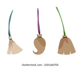 Set of witch brooms. Halloween design element in cartoon style.