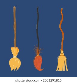 A set of witch brooms. Halloween. Vector illustration.