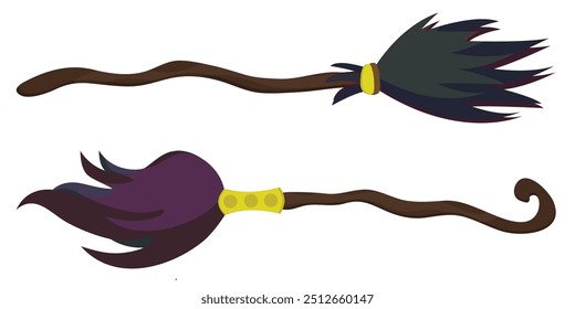 Juego de escobas de bruja, barrer, limpiar. Elementos de Halloween. Dibujado a mano Ilustración vectorial aislada. Elemento de dibujos animados de palo de escoba para tarjeta de halloween.