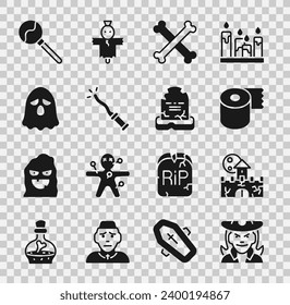 Set Witch, Castle, fortress, Toilet paper roll, Crossed bones, Magic wand, Ghost, Lollipop and Tombstone with RIP written icon. Vector