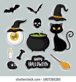 Conjunto de dibujos animados de brujas y gatos, conjunto de vectores de elementos de Halloween, aislados en segundo plano