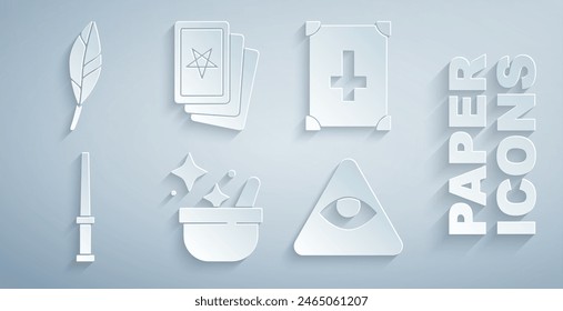 Set Witch cauldron, Ancient magic book, Magic wand, Masons, Three tarot cards and feather icon. Vector