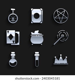 Set Witch cauldron, Bottle with love potion, Crown, Magic wand, Playing cards, Pentagram circle and Unicycle or one wheel bicycle icon. Vector