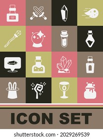 Set Witch cauldron, Bottle with potion, Magic stone, ball, staff,  and  icon. Vector