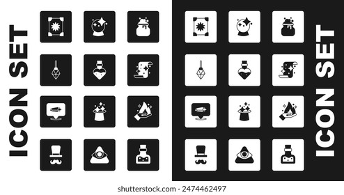 Set Caldero de bruja, Botella con poción, Piedra mágica, Libro de magia antigua, pergamino, bola, mano sosteniendo fuego e icono. Vector