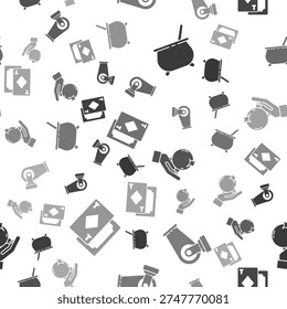 Set Witch cauldron, Cannon, Magic ball on hand and Playing cards on seamless pattern. Vector