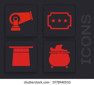 Set Witch cauldron, Cannon, Ticket and Magician hat icon. Vector