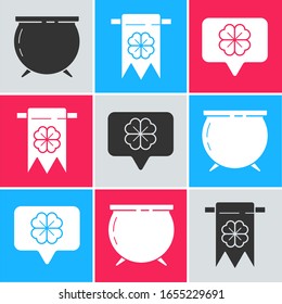 Set Witch cauldron, Four leaf clover and party pennant and Four leaf clover in speech bubble icon. Vector