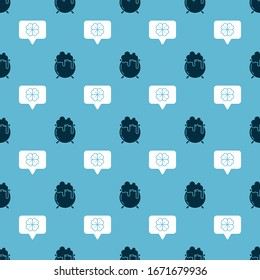Set Witch cauldron and Four leaf clover in speech bubble on seamless pattern. Vector