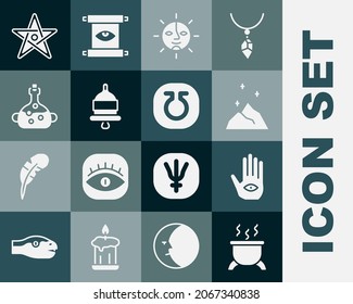 Set Witch cauldron, Hamsa hand, Magic powder, Sun, Ringing alarm bell, Poison bottle, Pentagram and Life icon. Vector