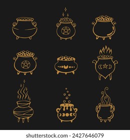 Set of witch cauldron. Hand drawn vector illustration.