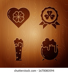 Set Witch cauldron, Heart with four leaf clover, Glass of beer and Medal with four leaf clover on wooden background. Vector