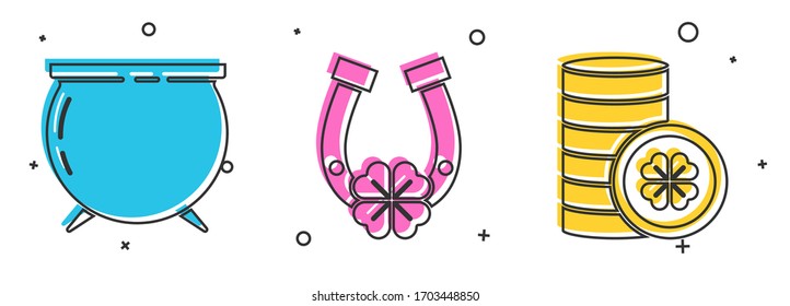 Set Cauldron de Brujas, Horseshoe con cuatro trébol de hojas y moneda de oro con un icono de trébol de cuatro hojas. Vector