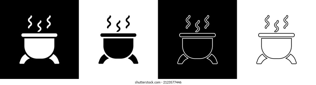 Set Witch cauldron icon isolated on black and white background. Happy Halloween party.  Vector