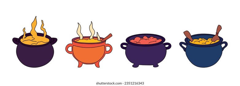 Set of witch cauldron isolated on white background. Halloween cauldron colored outline. Vector illustration.