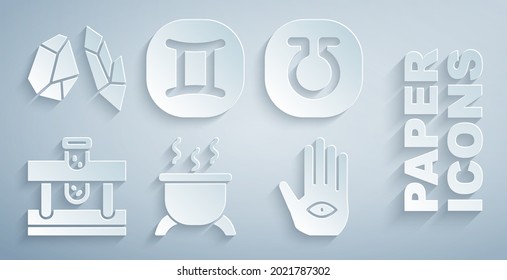 Set Witch cauldron, Life, Bottle with potion, Hamsa hand, Gemini zodiac and Magic stone icon. Vector
