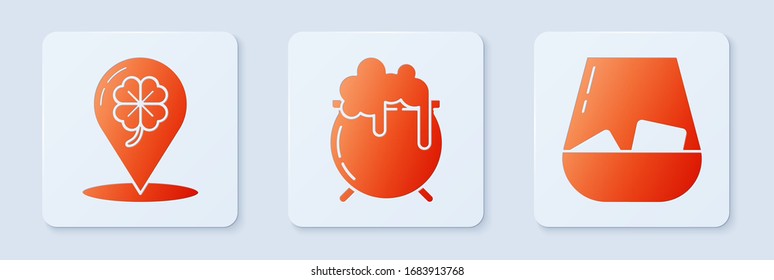 Set Witch cauldron, Location and four leaf clover and Glass of whiskey. White square button. Vector
