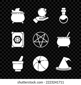 Set Witch cauldron, Magic ball hand, Bottle with love potion, mortar pestle, Beach, hat, Ancient magic book and Pentagram in circle icon. Vector