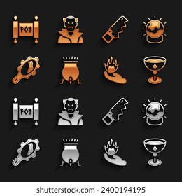 Set Witch cauldron, Magic ball, Medieval goblet, Hand holding fire, hand mirror, saw, scroll and Vampire icon. Vector