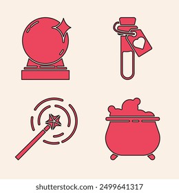 Set Caldero de bruja, bola mágica, botella con poción de amor e icono de varita mágica. Vector