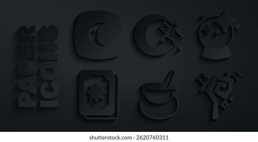 Set Witch cauldron, Magic ball, Tarot cards, staff, Moon and stars and  icon. Vector