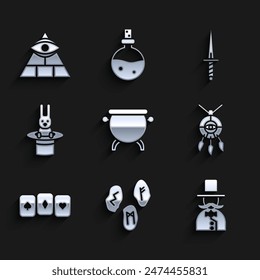 Set Hexenkessel, Magische Runen, Magier, Traumfänger mit Federn, Spielkarten, Hut und Hase, Dolch und Maurer-Ikone. Vektorgrafik