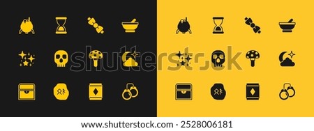 Set Witch cauldron, Magic runes, Psilocybin mushroom, carpet, Skull, Bow tie,  and Old hourglass icon. Vector