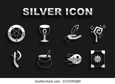Poner caldero de brujas, personal mágico, libro de magia antigua, bola de fuego, hacha de madera, piedra, pentagrama en círculo y goblet medieval. Vector