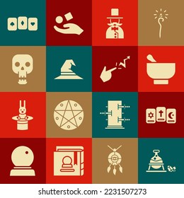 Set Witch cauldron and magic stone, Three tarot cards, Magic mortar pestle, Magician, hat, Skull, Playing and Spell icon. Vector