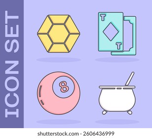 Set Witch cauldron, Magic stone, Magic ball of predictions and Playing cards icon. Vector