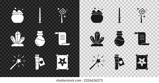 Set Hexenkessel, Zauberstab, Personal, Flasche mit Liebestrank, Zauberbuch, Stein und Ikone. Vektorgrafik