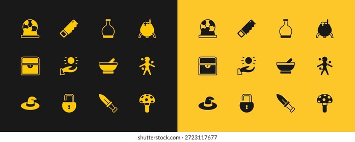Set Caldero de bruja, candado abierto, daga, bola levitando sobre la mano, botella con poción, bola mágica e icono de sierra de mano. Vector