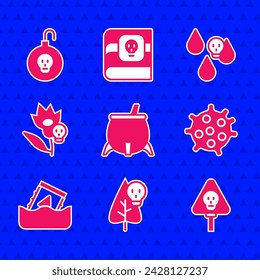 Caldero de bruja, flor de veneno, huesos y cráneo, bacterias, residuos radiactivos en el barril, lluvia ácida y el icono de la bomba nuclear. Vector