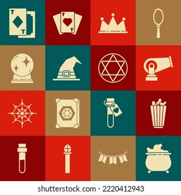 Set Witch Cauldron, Popcorn In Box, Cannon, Crown, Hat, Magic Ball, Playing Cards And Star Of David Icon. Vector