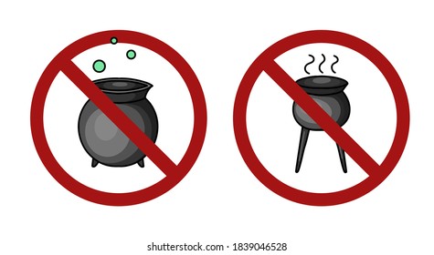 Set of witch cauldron in prohibitory signs. Ban on Halloween. Prohibition of witchcraft. Vector holiday badges for labels, logos, banners and your designs.