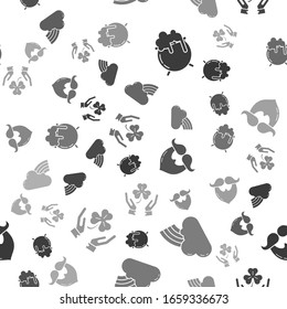 Set Witch cauldron, Rainbow with cloud, Mustache and beard and Human hands holding four leaf clover on seamless pattern. Vector