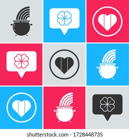 Set Witch cauldron and rainbow, Four leaf clover in speech bubble and Heart and Happy Saint Patrick day icon. Vector