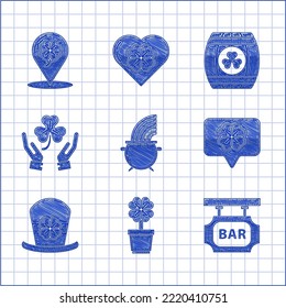 Set Witch cauldron and rainbow, Four leaf clover pot, Street signboard with inscription Bar, speech bubble, Leprechaun hat four, Human hands holding, Wooden barrel and Location icon. Vector