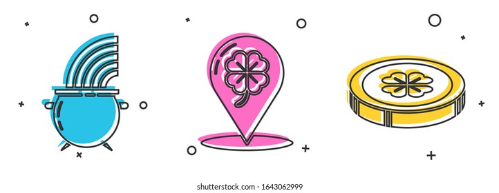 Set Witch cauldron and rainbow, Location and four leaf clover and Gold coin with four leaf clover icon. Vector